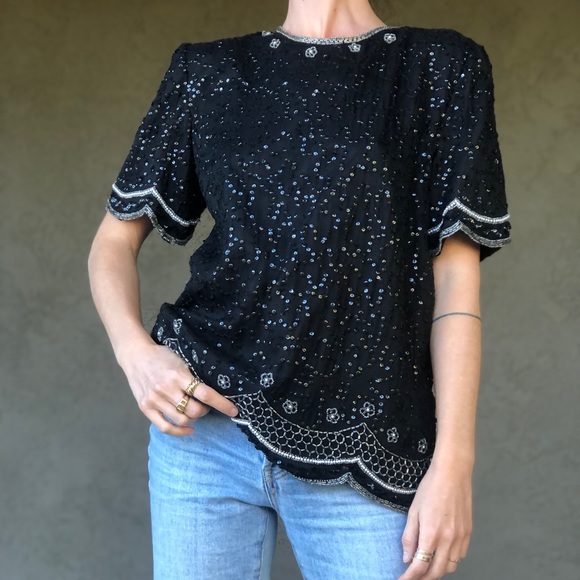 Bling is the New Normal! vintage silk bead& sequin top - Picture 6 of 11